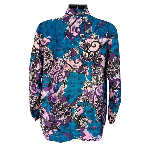 I.O.U Silk Blue and Purple Abstract Print Long Sleeve Silk Button Down, Size M - Picture 2 of 5
